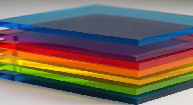 Stack of colorful transparent acrylic sheets in rainbow order, showing blue, purple, red, orange, yellow, and green layers, creating a vibrant geometric composition on white background