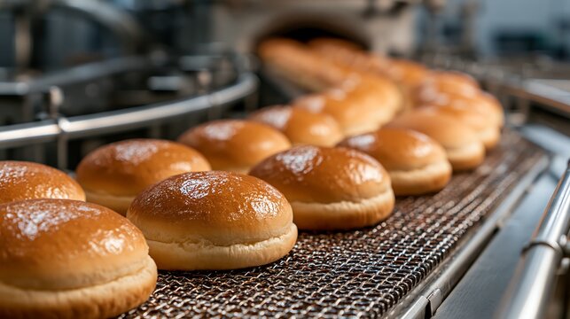 Fresh golden burger buns travel along an industrial conveyor belt isolated on transparent background. Concept for automated food manufacturing and commercial bakery production.