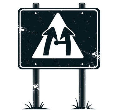 black and white road sign with two arrows merging into one on a post with grass