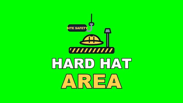 4K green screen HARD HAT AREA animated text - the hazard stripes chasing under a swinging hook, kinetic typography construction and trades overlay for site videos and social media, chroma key