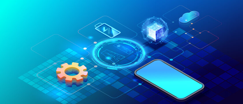 Cloud data working in isometric background. Network database clouds energy charge technology of battery. Futuristic ai service center with phone. Data computing smartphone system. Vector connect.