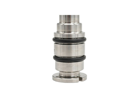 Close up view of precision metal shaft coupling with rubber seals transparent background