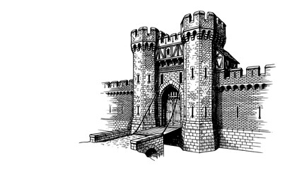 Medieval castle gatehouse with lowered drawbridge and fortified brick wall detailed vector sketch © ShetuRoy Vectors 