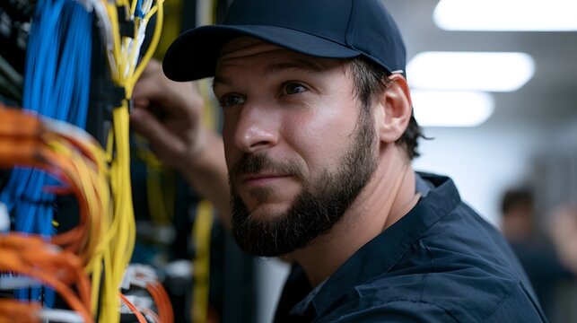 A focused technician examines fiber optic cables in a server room with precise attention to detail