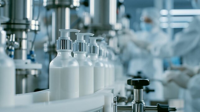 Cosmetic bottles with white lotion on conveyor belt isolated on transparent background. Ideal for beauty product manufacturing and industry supply chain conceptual marketing.