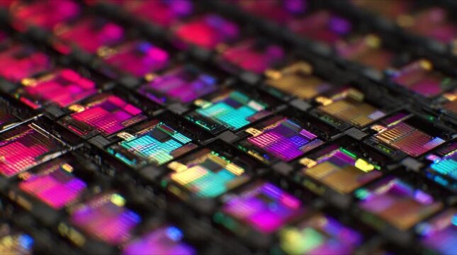 Close up shot of silicon semiconductor microchip wafer array with glowing magenta cyan and gold optical light reflections during precision manufacturing process (AI Generated)
