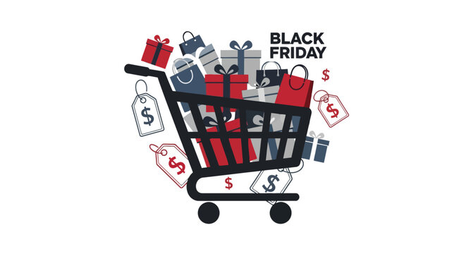 Shopping cart filled with gifts.
