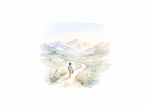Person walking on winding path toward distant mountains