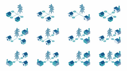 Fototapeta premium Industrial Microgrid Network Illustrations Showing Energy Distribution Between Buildings Factories and Power Towers in Blue and Dark Green