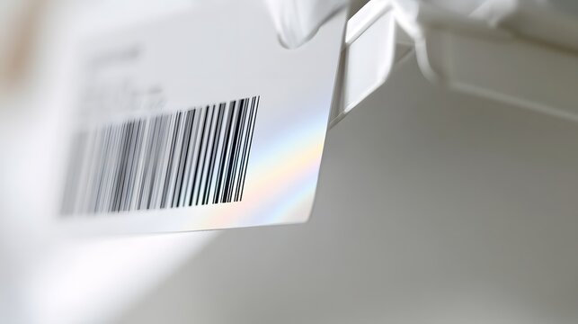 A close up of a white retail price tag with a barcode and holographic sheen  attached to a product with soft lighting