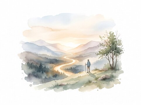 Person contemplating winding path through mountain valley