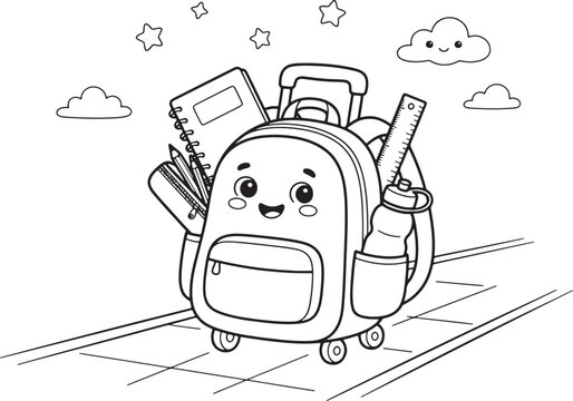 Cute cartoon backpack with stars and clouds on white background