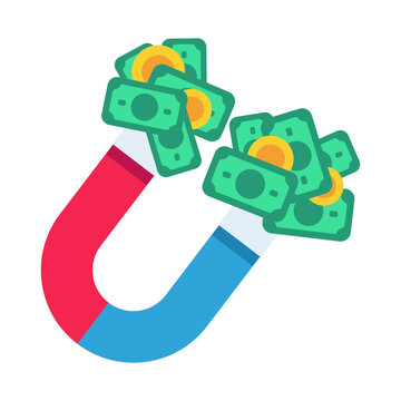Vibrant magnet pulling in green banknotes and golden coins, symbolizing strong financial attraction and wealth.