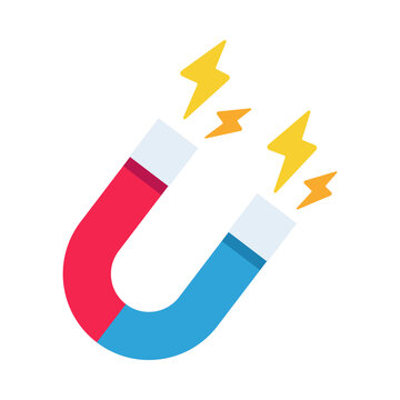 Dynamic red and blue horseshoe magnet icon with lightning bolts symbolizing powerful attraction and energy concept