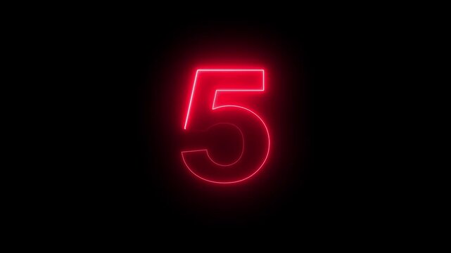 Glowing red neon number five symbol pulsing with vibrant light energy on a deep black background, for modern digital, countdown timers, cinematic, intros, and high-tech motion