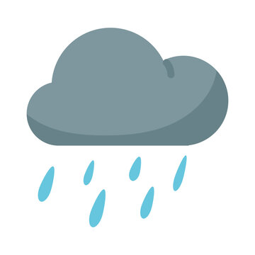 Simple graphic illustration of a dark grey cloud with falling blue raindrops, symbolizing wet weather conditions.