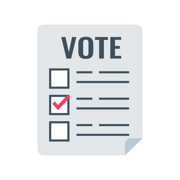 Modern flat design icon depicting a ballot paper with a chosen option marked by a vibrant red check, symbolizing civic duty and democratic participation.
