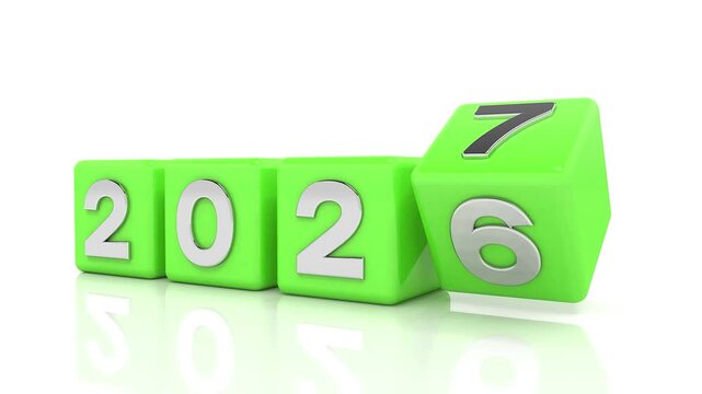 Video animation of green cubes and the years 2026 and 2027 in silver on a white reflective background - represents the new year 2027 - vacation concept.