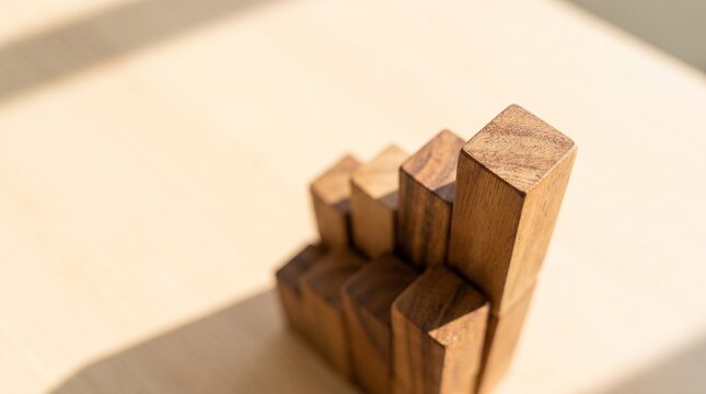 High angle view of simple wooden blocks arranged as a modest growth chart