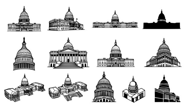 United States Capitol Building Washington DC Landmark Black White Vector Set