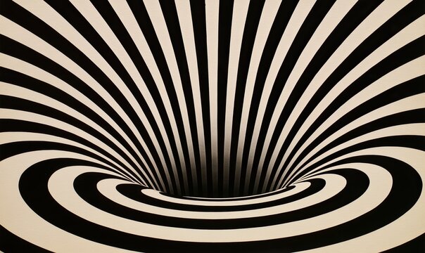 Swirling vortex of black and white stripes creates a dizzying, hypnotic visual effect