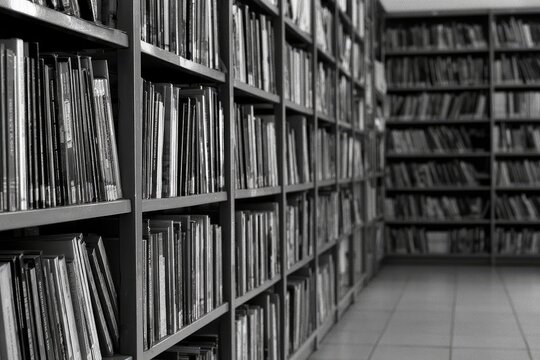 Rows of shelves filled with countless books in a dimly lit library