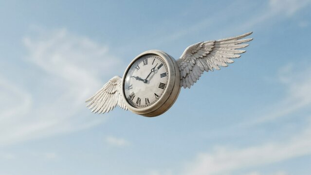 Antique clock with white feathered wings flying in a blue sky