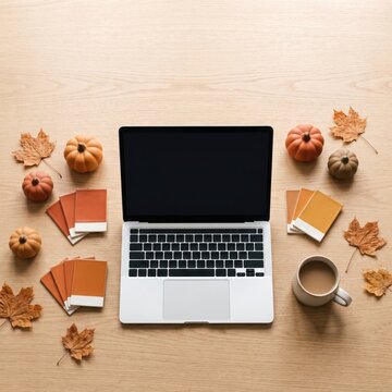 Laptop computer autumn pumpkin notebook coffee cup wooden table arranged for seasonal campaign planning with warm leaves and office supplies, creating cozy creative workspace mood