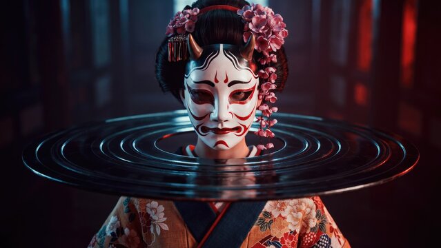 Geisha in traditional kimono wearing a hannya mask with floating black rings