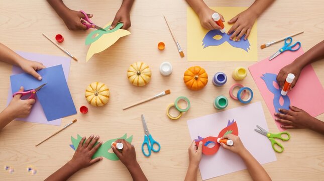Children making paper masks with colorful craft supplies at shared table, creating imaginative artwork and enjoying collaborative activity together
