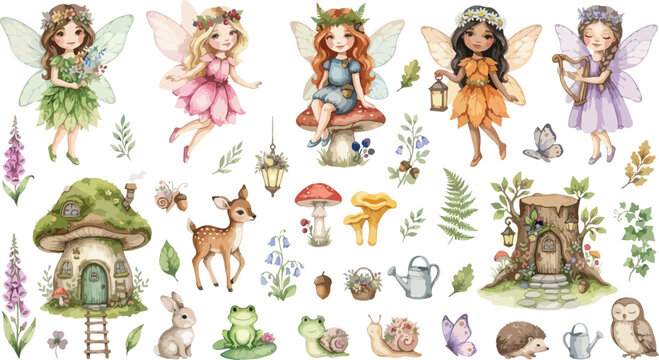 A collection of cute watercolor fairy illustrations featuring diverse characters with wings surrounded by rainbows flowers and magical forest elements isolated
