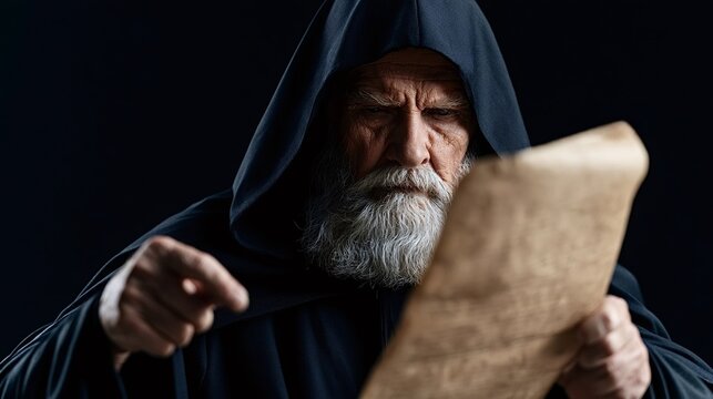 Old man monk or wizard wearing a dark hooded robe, holding an ancient parchment scroll, reading and pointing a finger, conveying a concept of ancient knowledge or wisdom