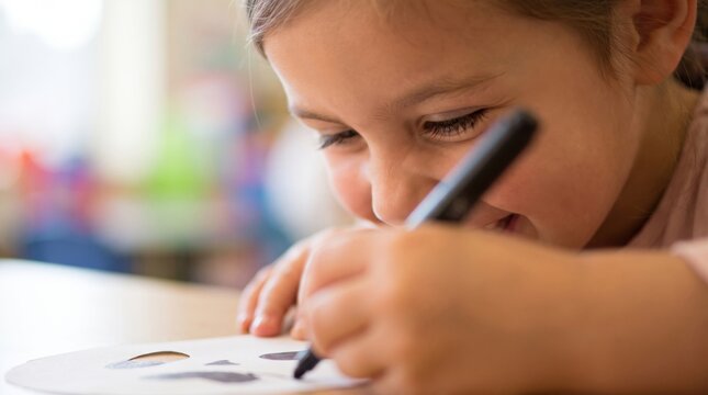 Girl coloring paper mask with marker, focused child creating artwork at table in classroom
