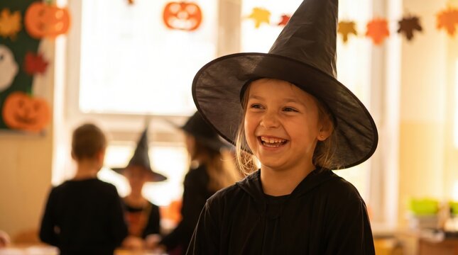 Witch costume girl laughter Halloween child black hat smiling face warm light indoor celebration