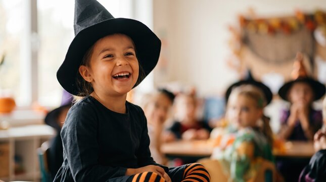 Laughing child in witch costume at Halloween classroom celebration with classmates, black pointed hat, orange striped socks, warm autumn decorations, joyful expression, playful seasonal atmosphere