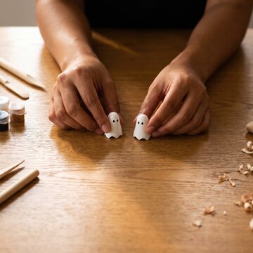 Hands arranging wooden ghost tokens on wooden table, creating playful handmade decoration with careful craftsmanship and seasonal atmosphere