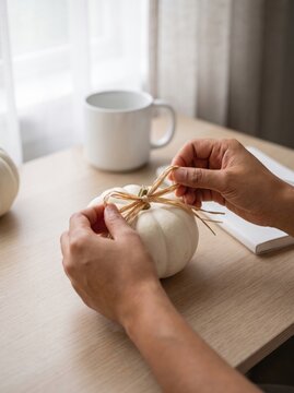 Hand tying bow on pumpkin ceramic mug and notebook on wooden table create warm autumn craft scene indoors