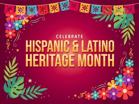 Celebrate hispanic and latino heritage month with colorful flowers and festive paper flags banner