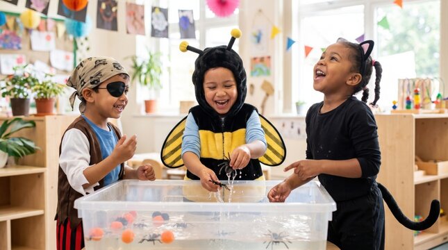 Students playing in sensory bin, laughing during imaginative classroom activity with water, colorful toy and costumes