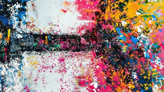 Abstract paint splatter graffiti with colorful energetic strokes and drips, urban street art, creative expressive design, vibrant mixed media, dynamic texture.