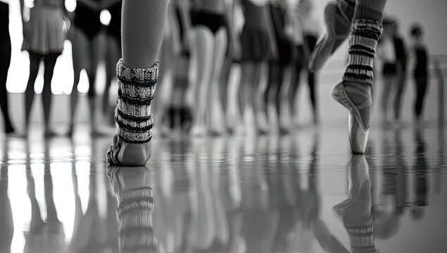 Ballet dancers in formation, focus on feet with patterned leg warmers
