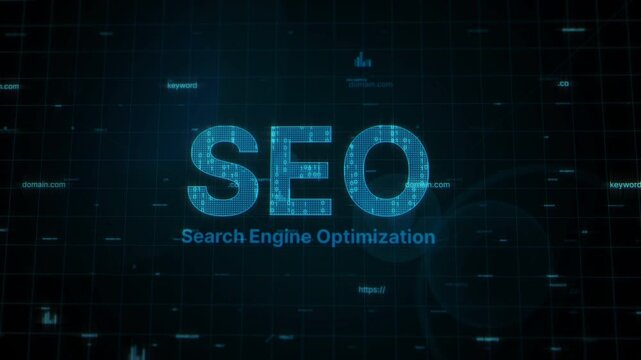 Seo optimization text glows on digital grid background, ideal for tech websites or digital marketing presentations, adding a modern touch.