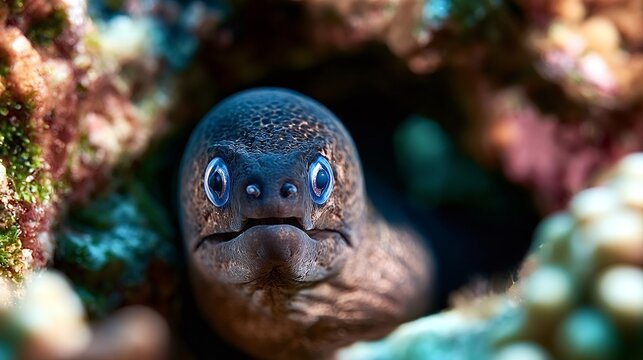 Moray eel with vivid blue eyes peeks from a colorful coral reef crevice, detailed close up showing texture and pattern as it surveys its tropical underwater habitat with curiosity