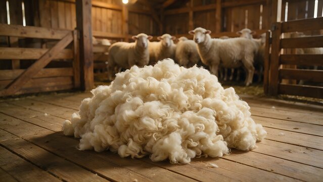 Large pile of freshly harvested sheep wool inside a rustic wooden barn, surrounded by sheep, representing farming, textile production and natural fiber
