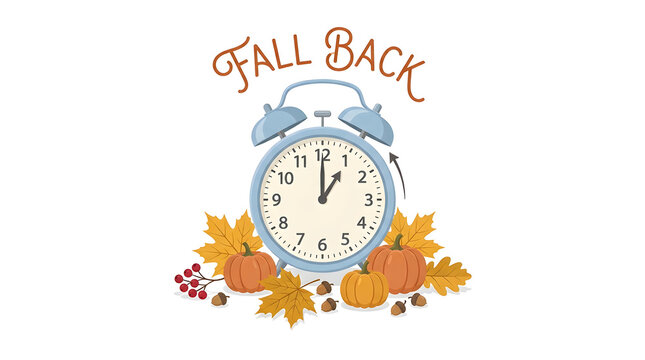 Fall back daylight saving time concept with alarm clock pumpkins and autumn leaves time change time shift