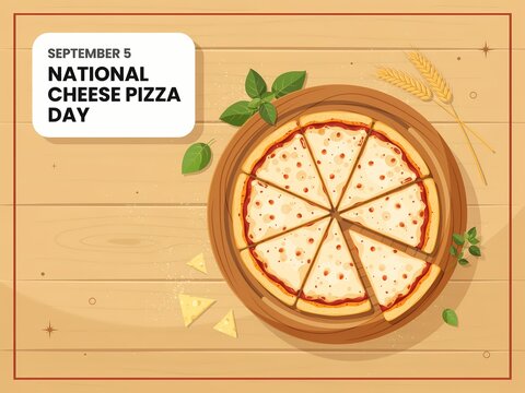 National cheese pizza day illustration with a tasty sliced pizza on a wooden table background