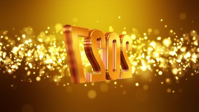 Video animation of golden light shine particles bokeh over golden background and the numbers 2027 in gold - represents the new year - vacation concept.