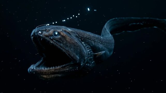 gulper eel close up underwater in deep ocean blue light video