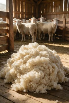 Large pile of freshly harvested sheep wool inside a rustic wooden barn, surrounded by sheep, representing farming, textile production and natural fiber