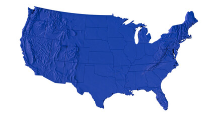 Three-dimensional blue United States map with detailed topography, isolated on transparent background © iPNG